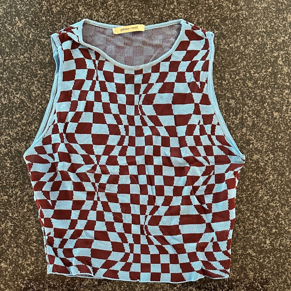 paloma-wool geometric knit top. Brown and aqua color way. Women’s small.